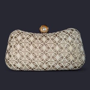 Elegant Pearl-Top Lace Clutch - Ivory and Gold